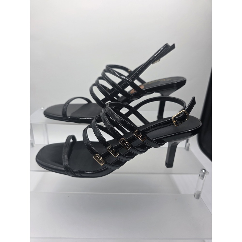 Bebe Black Words Gold sandals Size 8 New Strappy Summer Sexy Fun Women's Heels